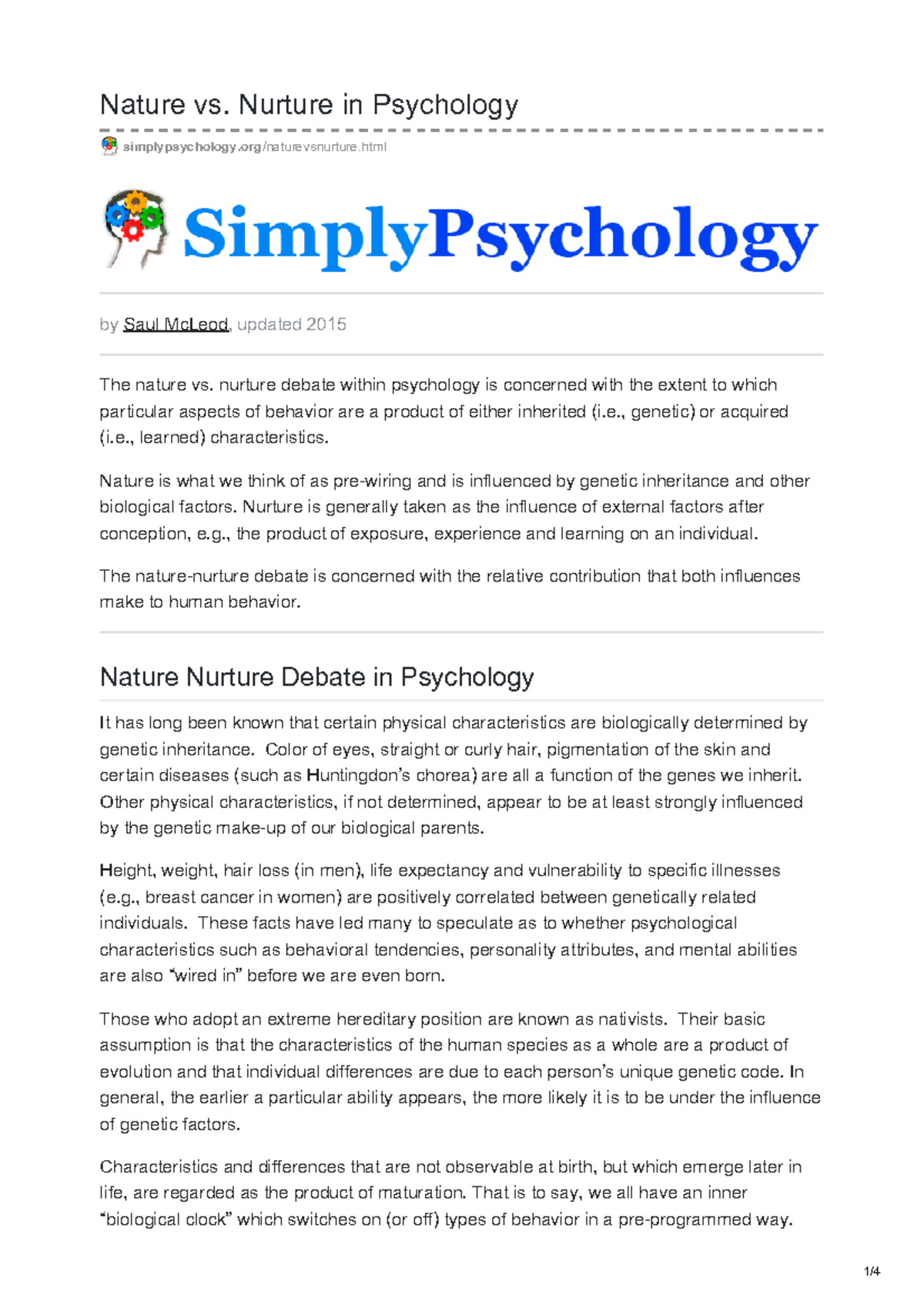 Simplypsychology Nuture Vs Nature Nature Vs Nurture In Psychology