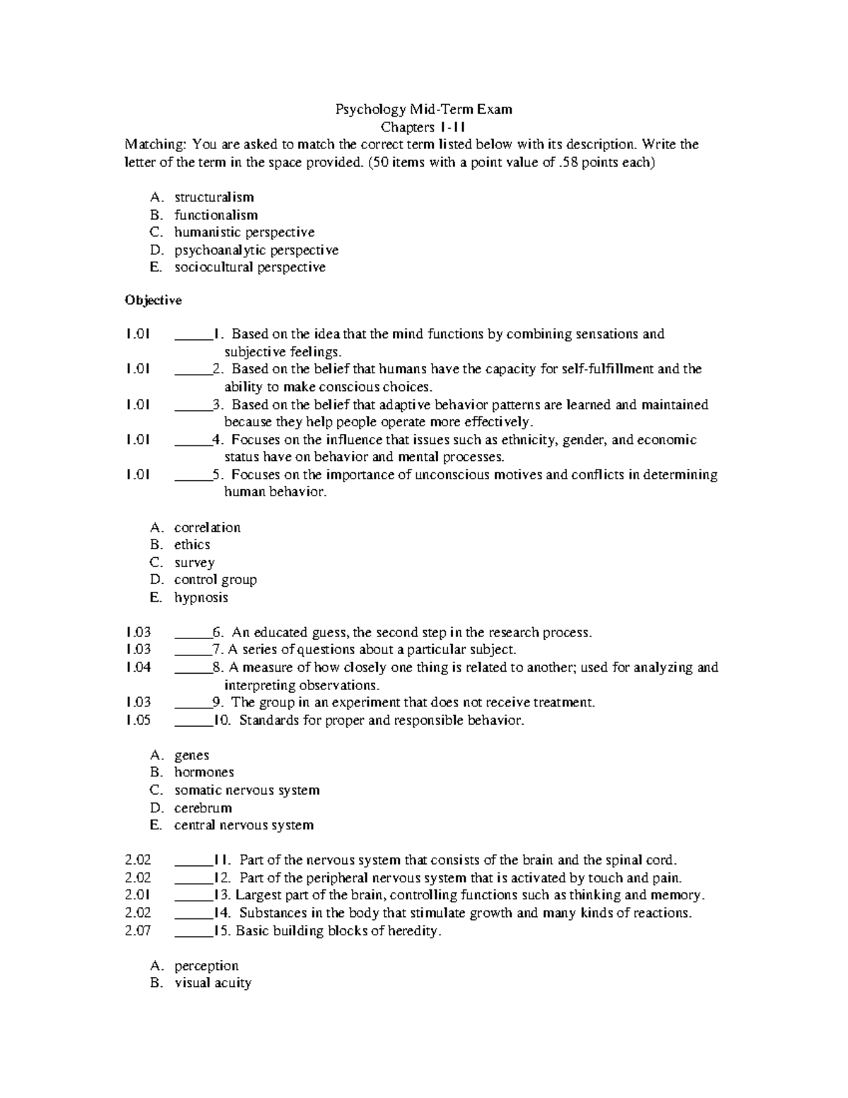 Psychology-mid Compress - Psychology Mid-Term Exam Chapters 1- Matching ...