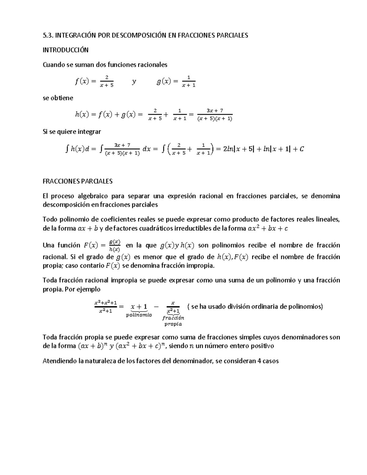 Teoría Integración POR Descomposición EN Fracciones Parciales - 5 ...