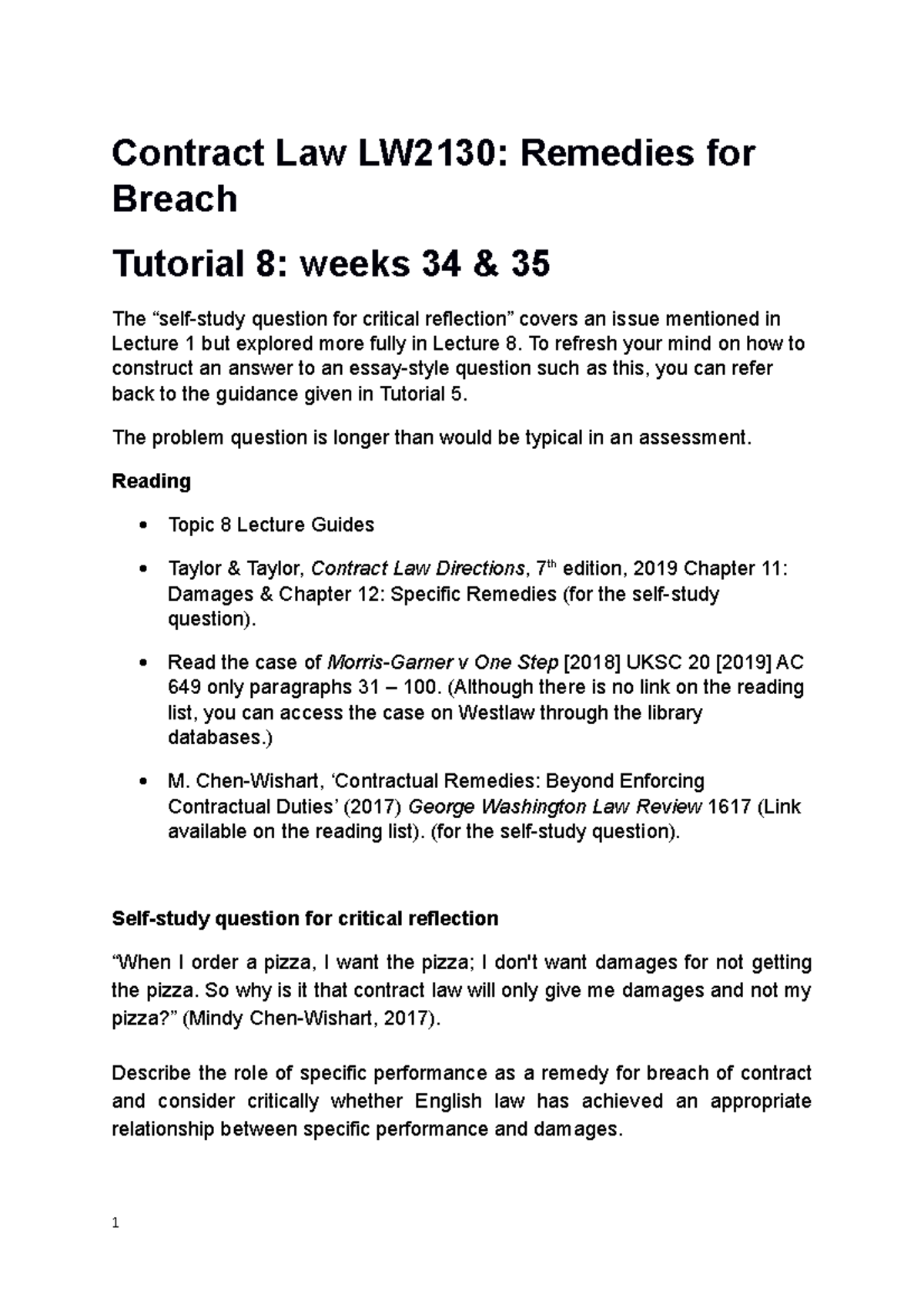 0000 Contract Law 2020-21Tutorial 8 LW2130 - Contract Law LW2130 ...