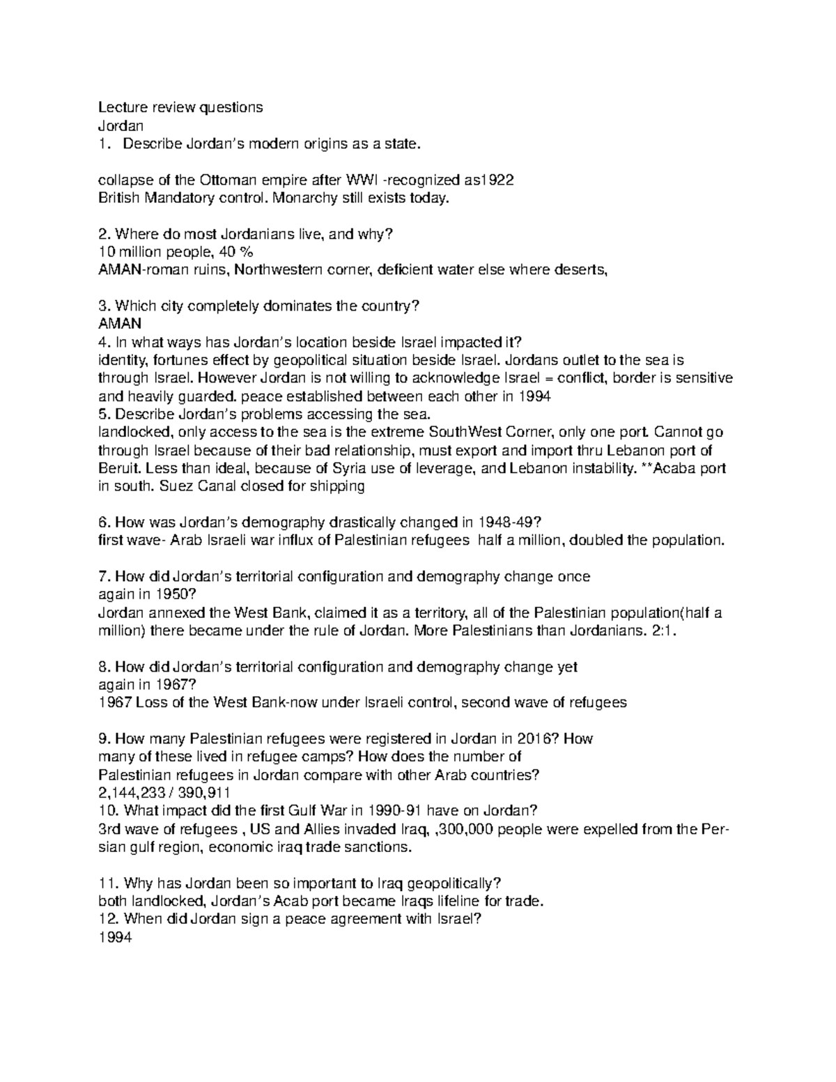 Jordan and Isreal review s - Lecture review questions Jordan 1 ...