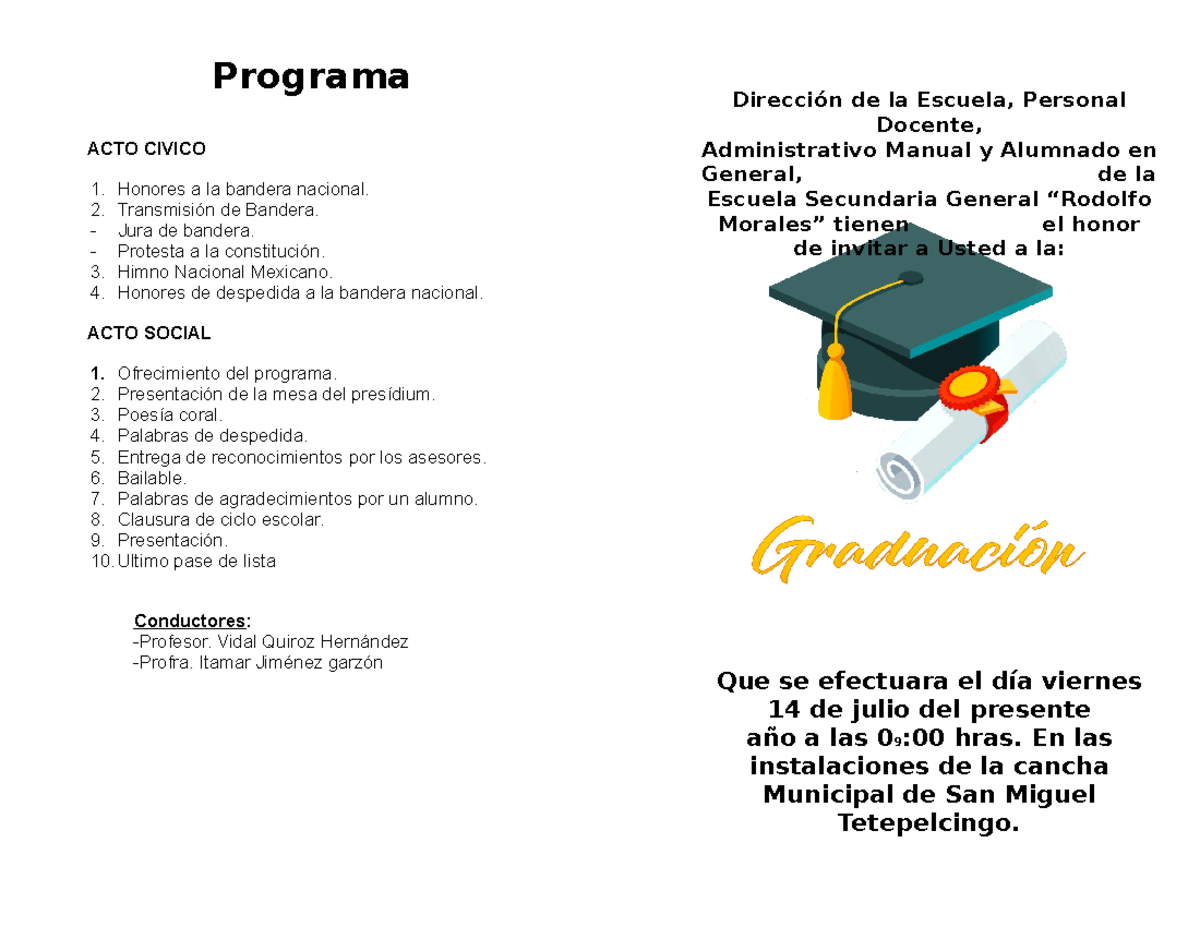 Invitacion - Programa ACTO CIVICO 1. Honores a la bandera nacional. 2