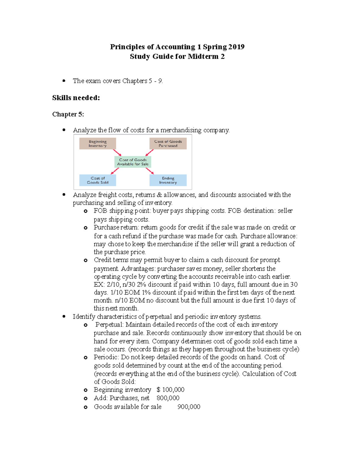 Study Guide Midterm 2 Spring 2019 - Principles of Accounting 1 Spring ...