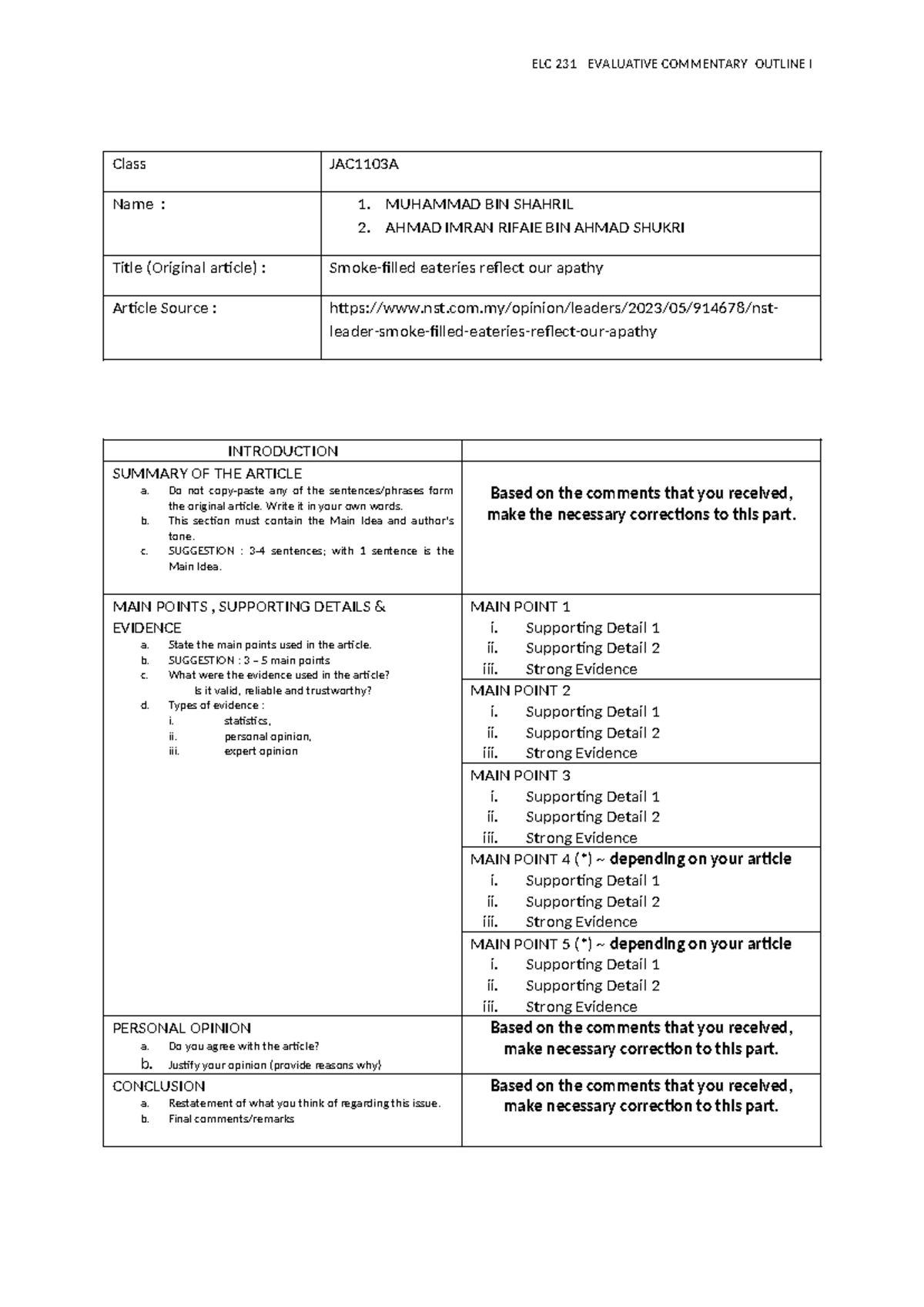 Eveluative Commentary - ELC 231 EVALUATIVE COMMENTARY OUTLINE I Class ...