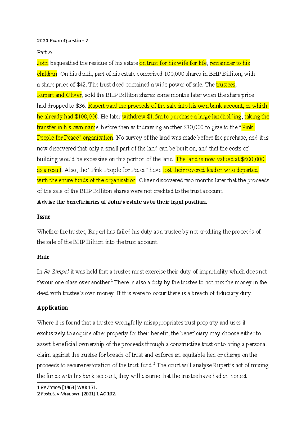 Exam 2020 practice 2020 Exam Question 2 Part A John bequeathed the residue of his estate on