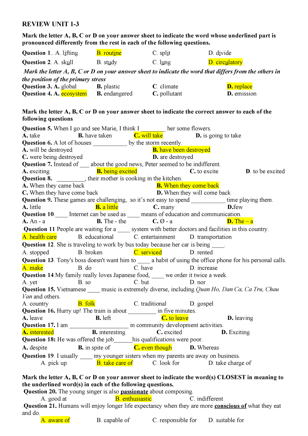 UNIT 1,2,3 English 10 - Unit 1,2,3 10 - REVIEW UNIT 1- Mark The Letter ...