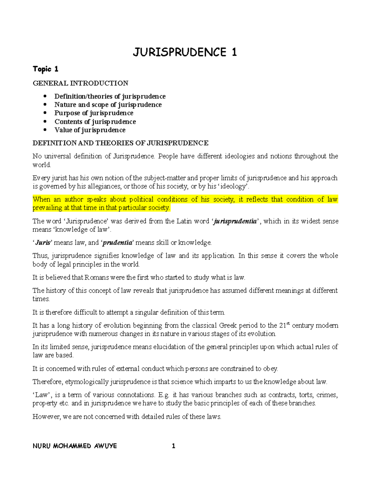 Jurisprudence 1 notes nuru2 - JURISPRUDENCE 1 Topic 1 GENERAL ...