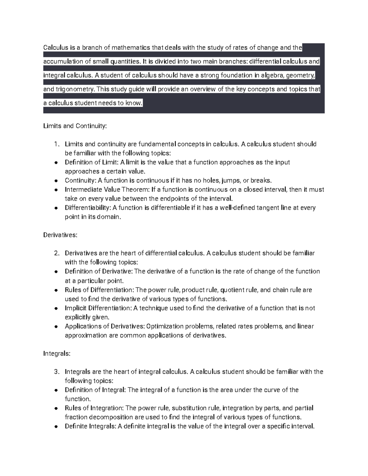 Calculus Study Guide - Calculus is a branch of mathematics that deals ...
