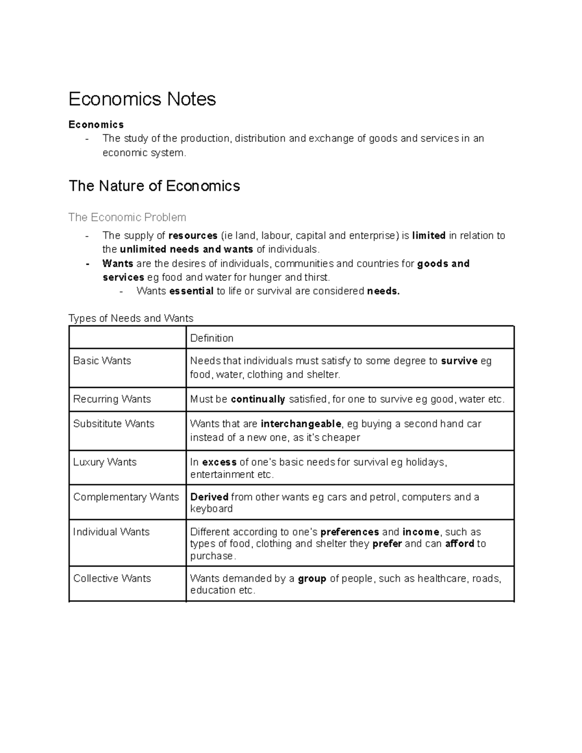 Economics Notes - Economics Notes Economics - The study of the ...