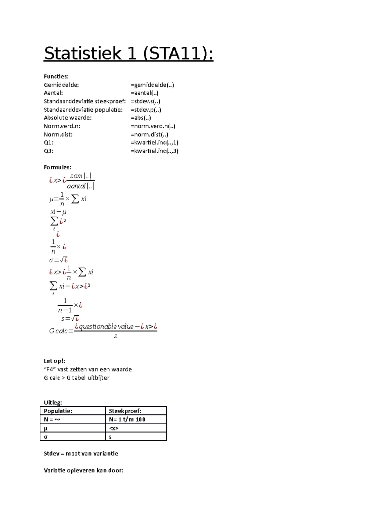 Belangrijke Onderdelen Van Statistiek - Statistiek 1 (STA11): Functies ...