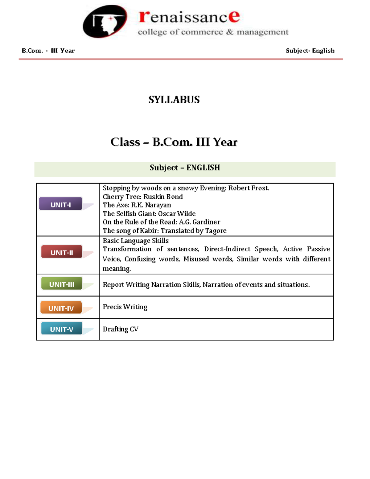 English-B - SYLLABUS Cl Claassss – – B.B.. IIIIII YYeeaarr Subject ...