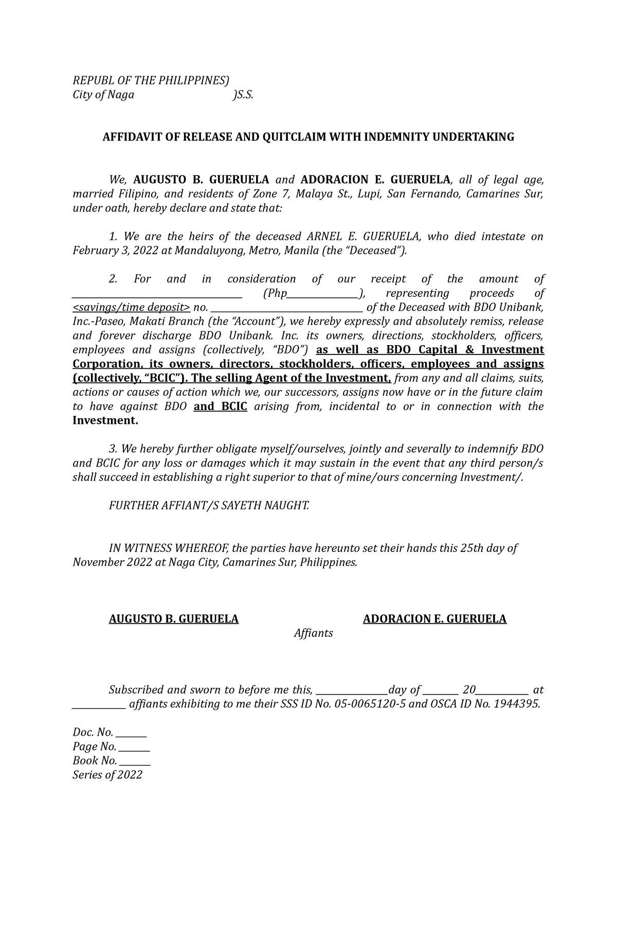 372971745 Affidavit of Relese and Quitclaim - REPUBL OF THE PHILIPPINES ...