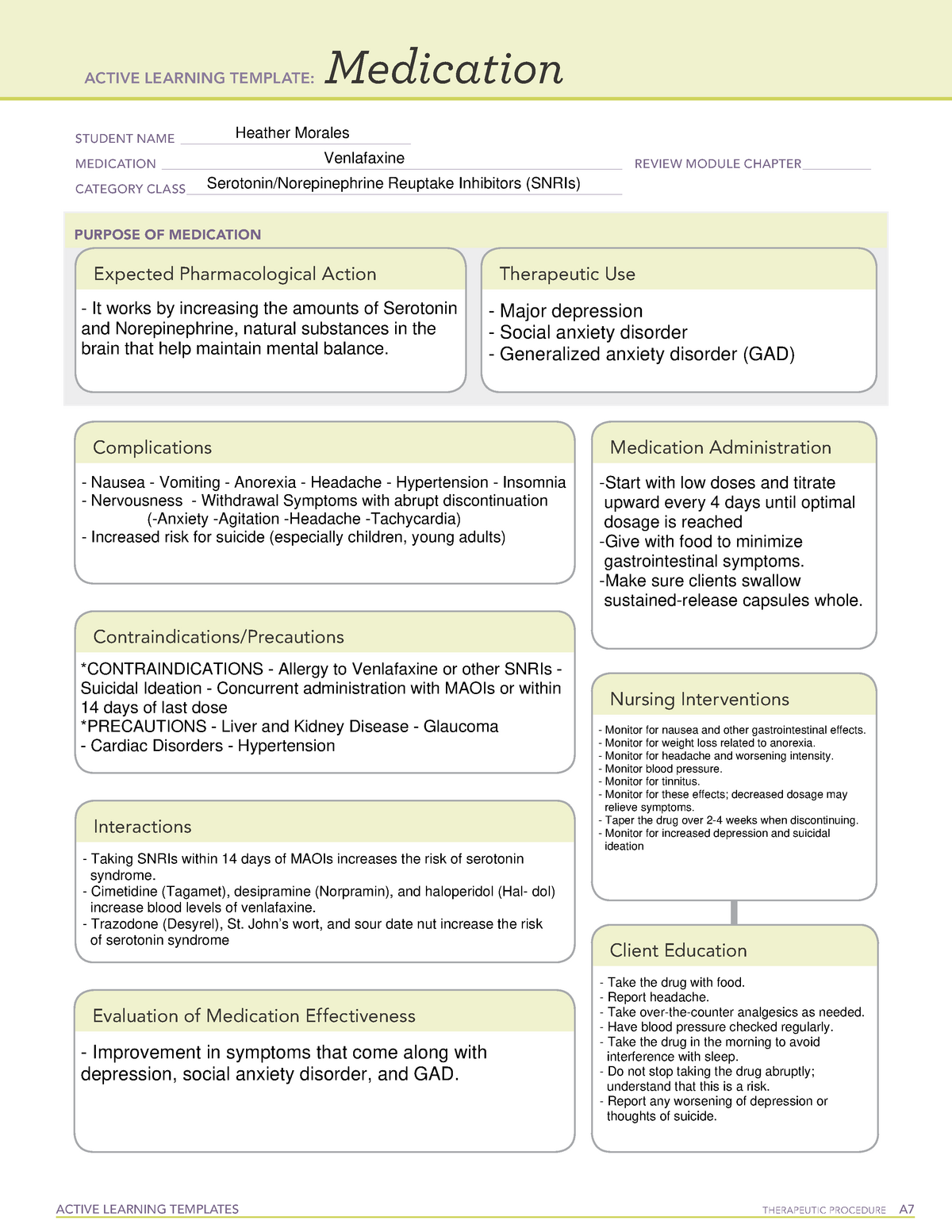 Med Templates Venlafaxine (SNRIs) ACTIVE LEARNING TEMPLATES