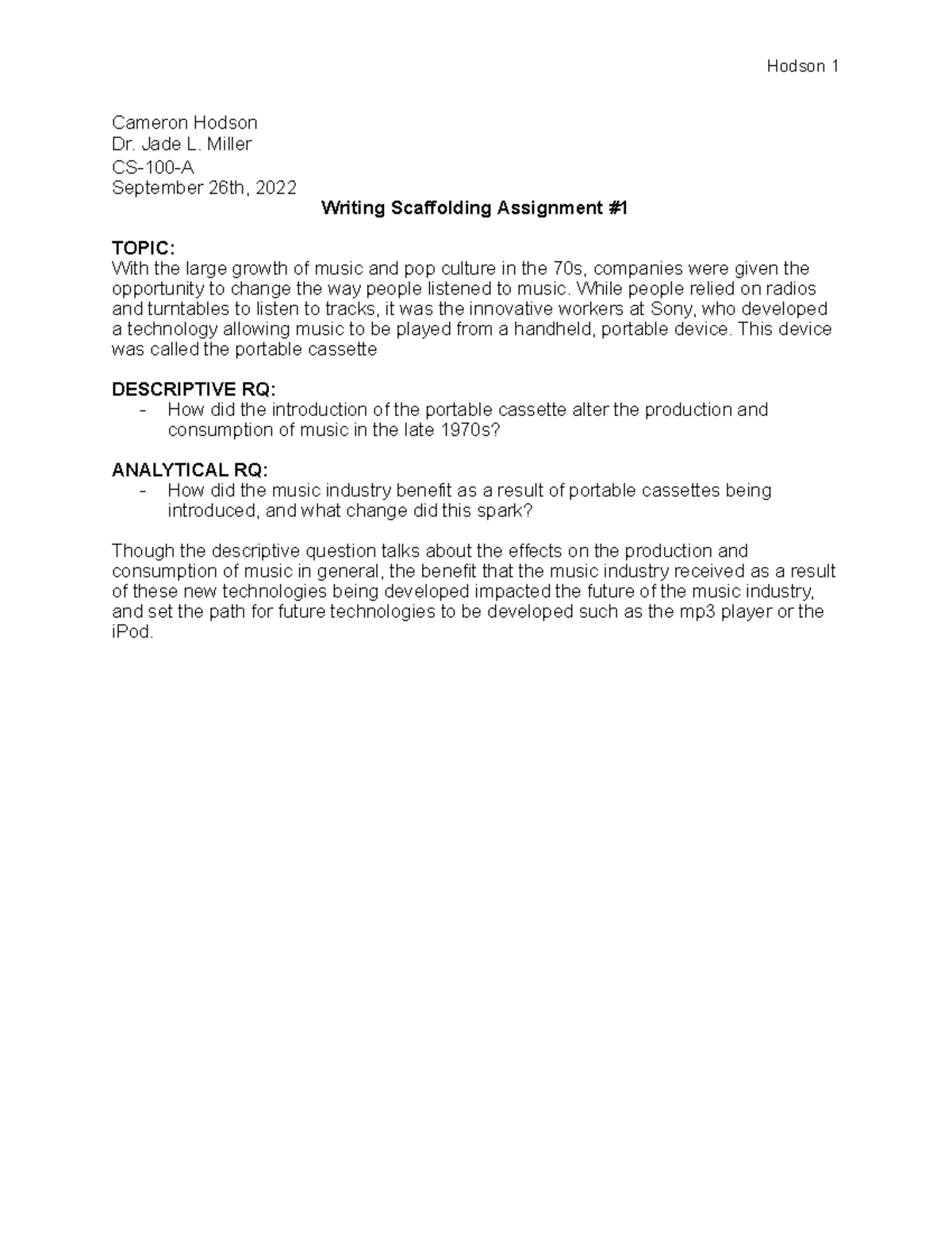 WSA 1 - This is writing scafolding assignment 1 - Hodson 1 Cameron ...