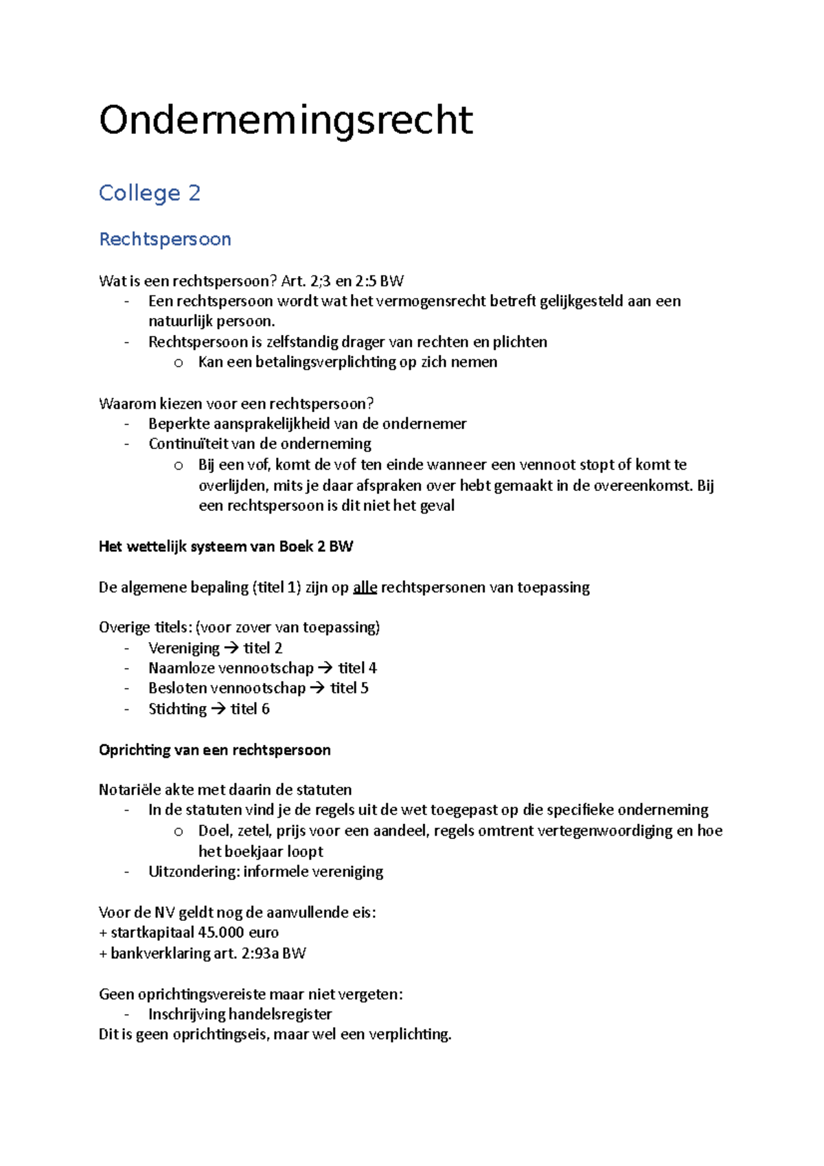 Ondernemingsrecht - Samenvatting - Ondernemingsrecht College 2 ...