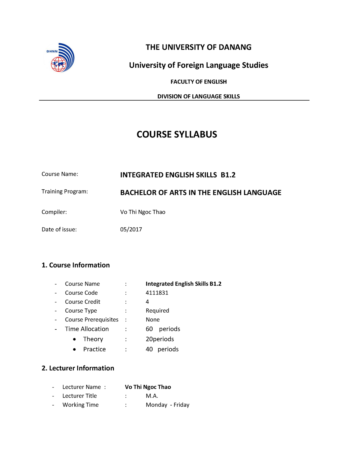 Course Syllabus - B1 - THE UNIVERSITY OF DANANG University Of Foreign ...