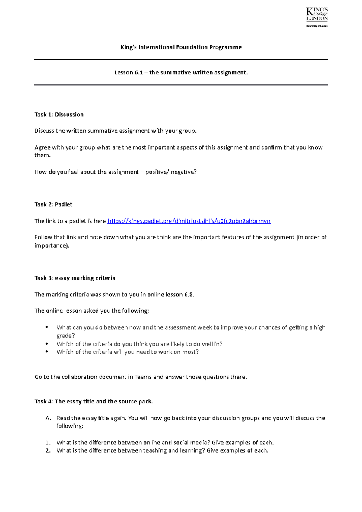 Lesson 6 business King’s International Foundation Programme Lesson