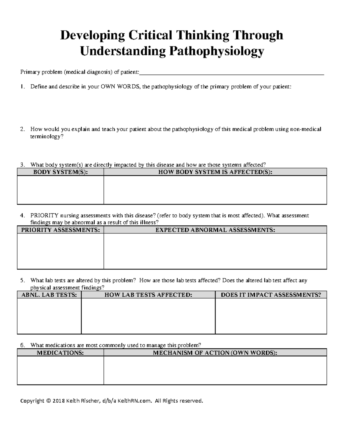 Developing Critical Thinking & Pathophysiology Template - Copyright ...