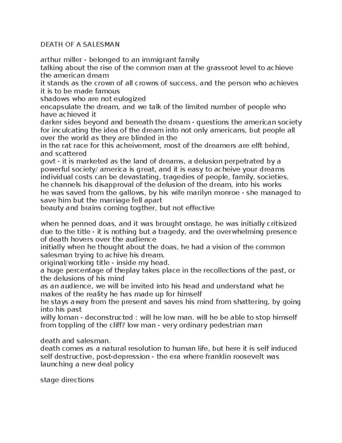 Death OF A Salesman Lecture Notes - DEATH OF A SALESMAN arthur miller ...
