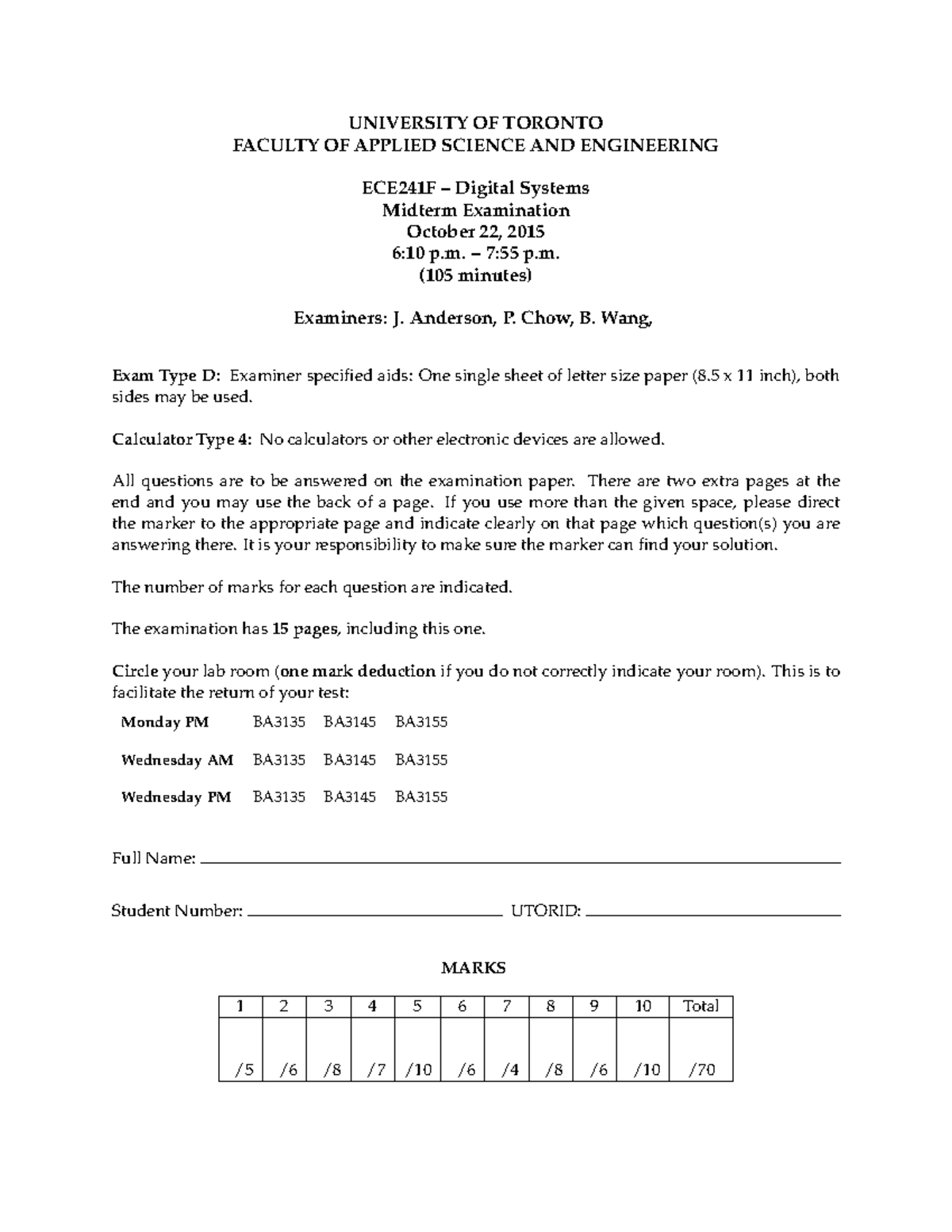 Exam 22 October 2015, questions and answers - UNIVERSITY OF TORONTO ...