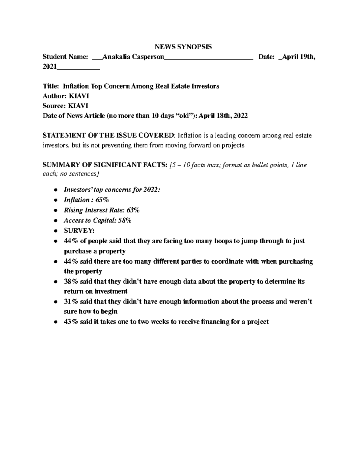 NEWS Synopsis (WK 13) - This course taught the basics of real estate ...