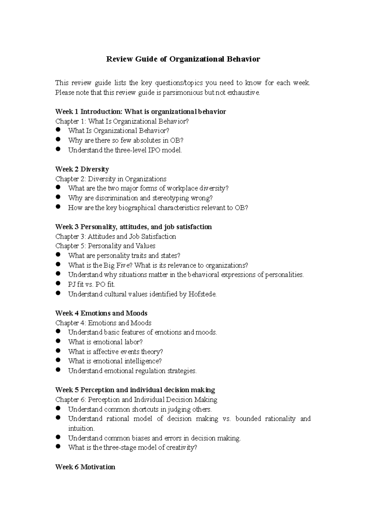 Review list - Organizational Behavior - Studocu