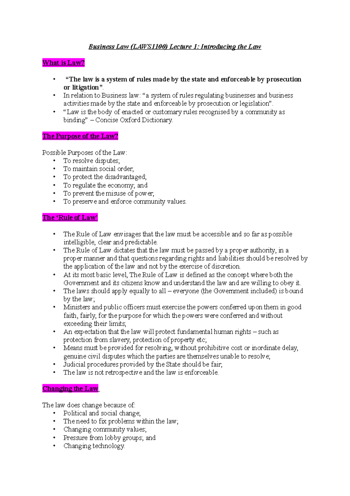 LAWS1100 Lecture 1 Intro to the Australian legal system - Business Law ...