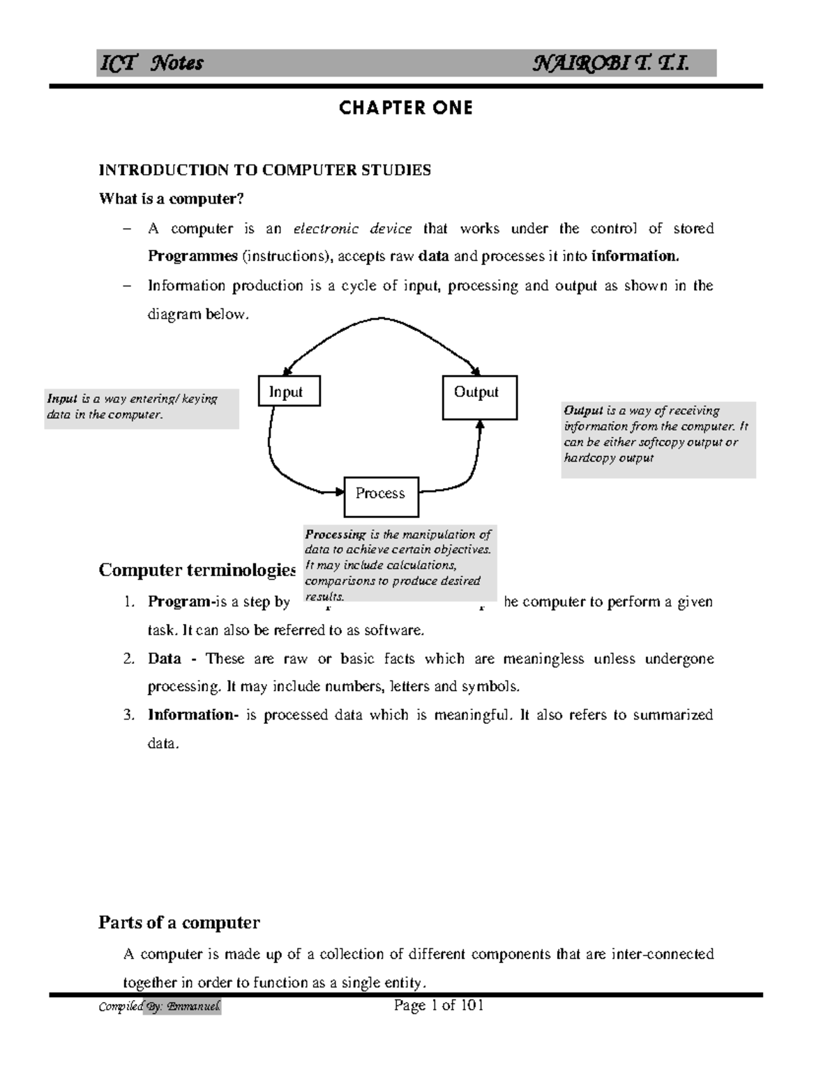 ICT Compiled Notes - CHAPTER ONE INTRODUCTION TO COMPUTER STUDIES What ...