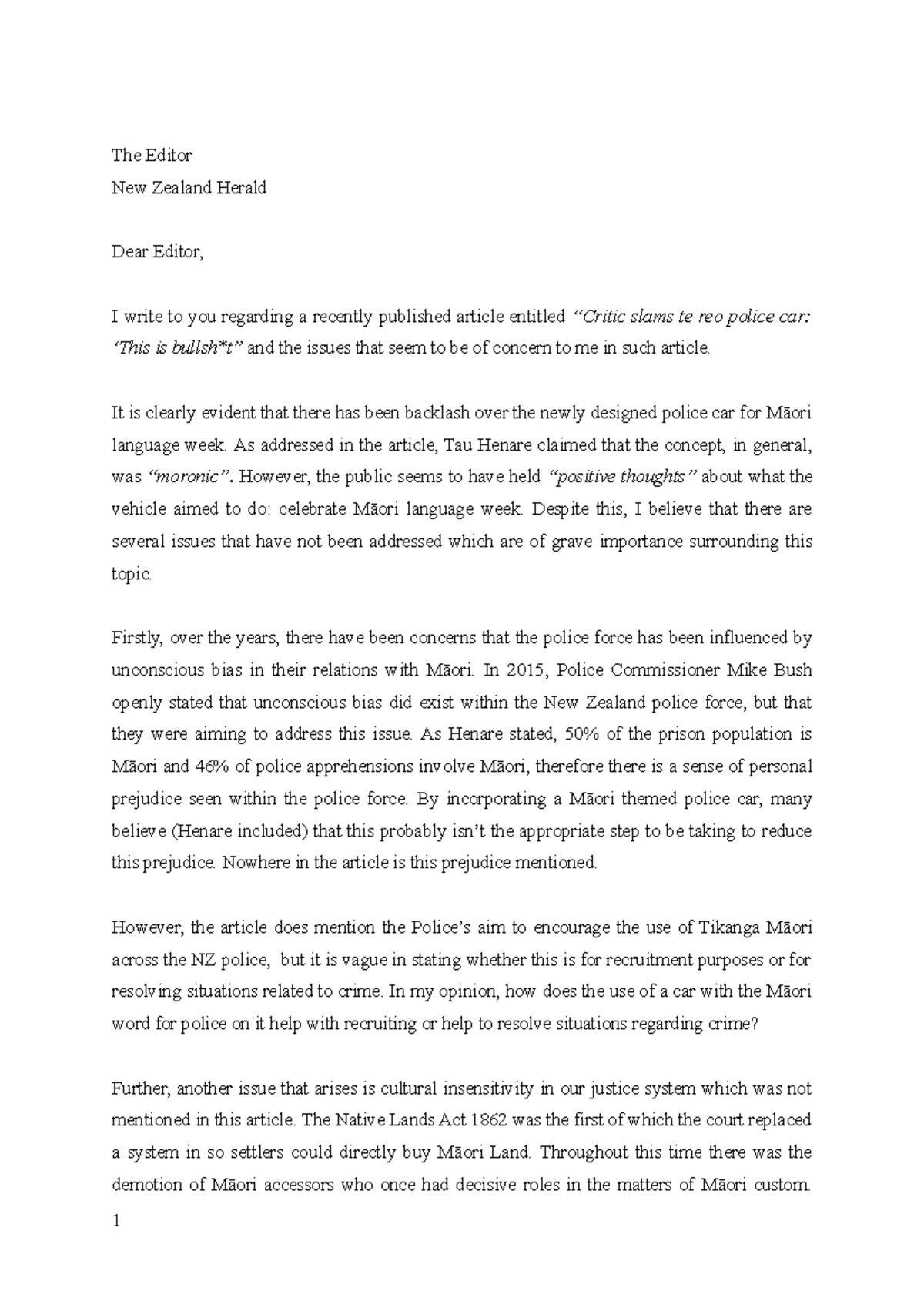 Letter the the editor - Grade: A - The Editor New Zealand Herald Dear ...
