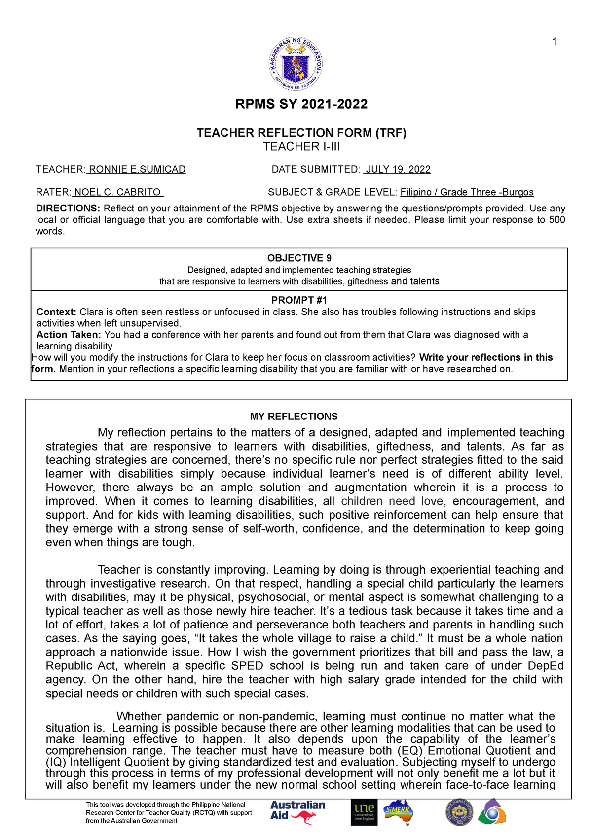 My Reflection RPMS Objective 9 RPMS SY 2021 TEACHER REFLECTION FORM 