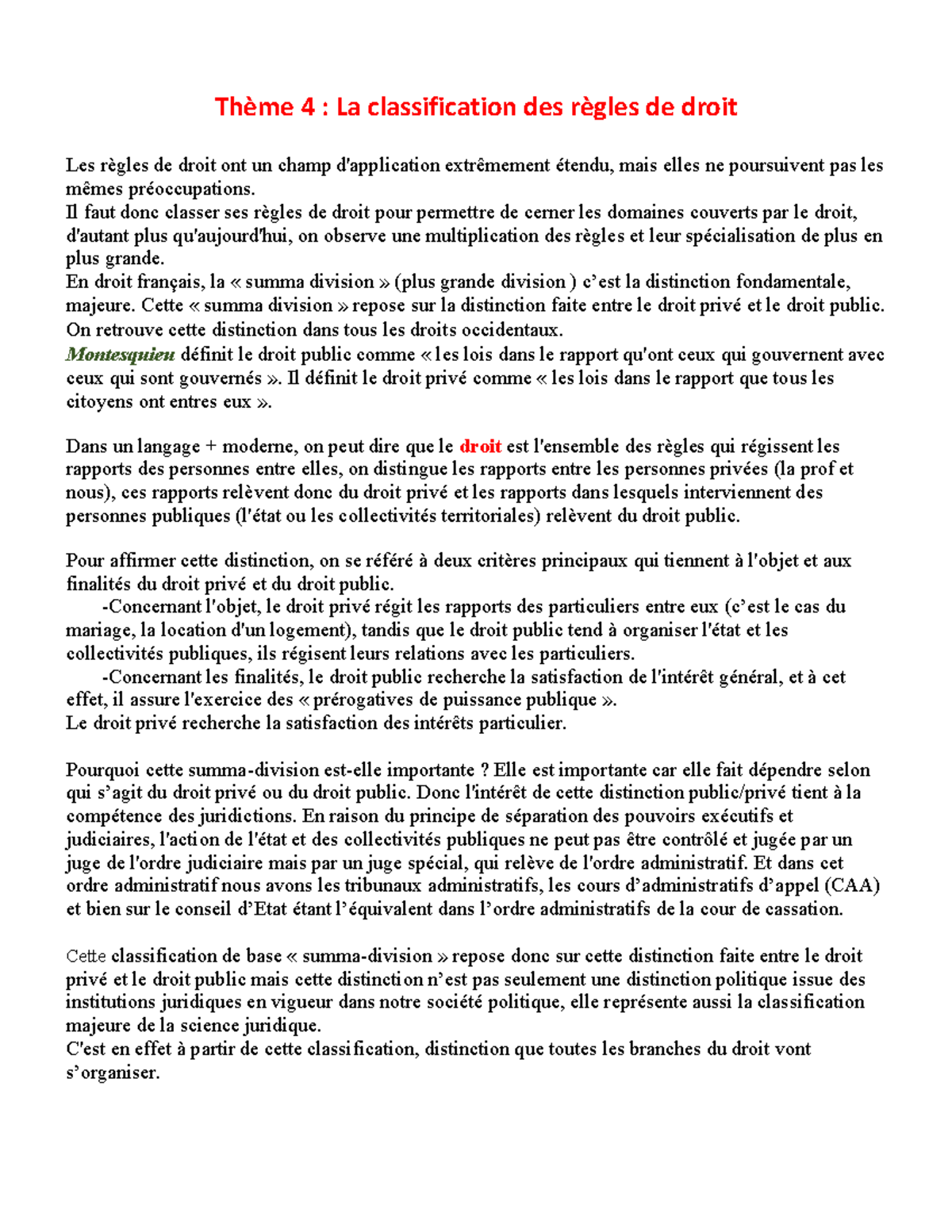 L1 AES Droit Thème 4 - Notes De Cours 4 - Thème 4 : La Classification ...