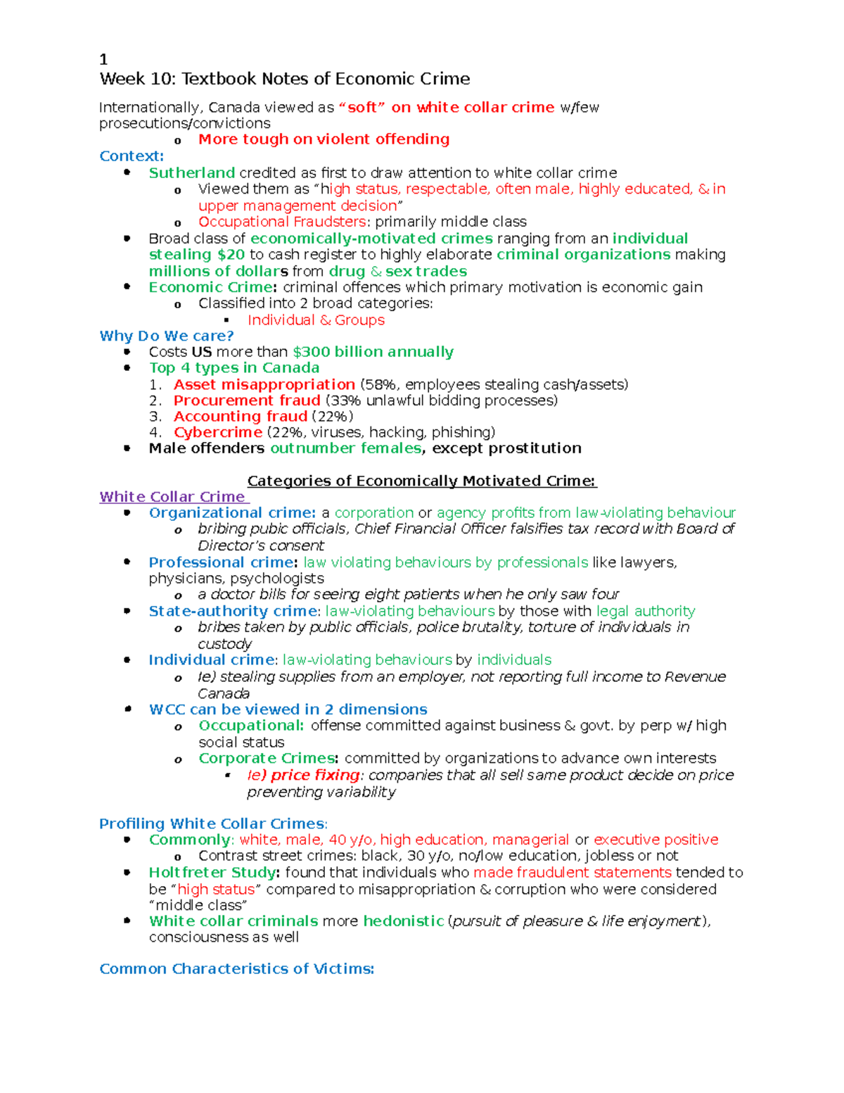 Wk 10 text notes - Week 10: Textbook Notes of Economic Crime ...