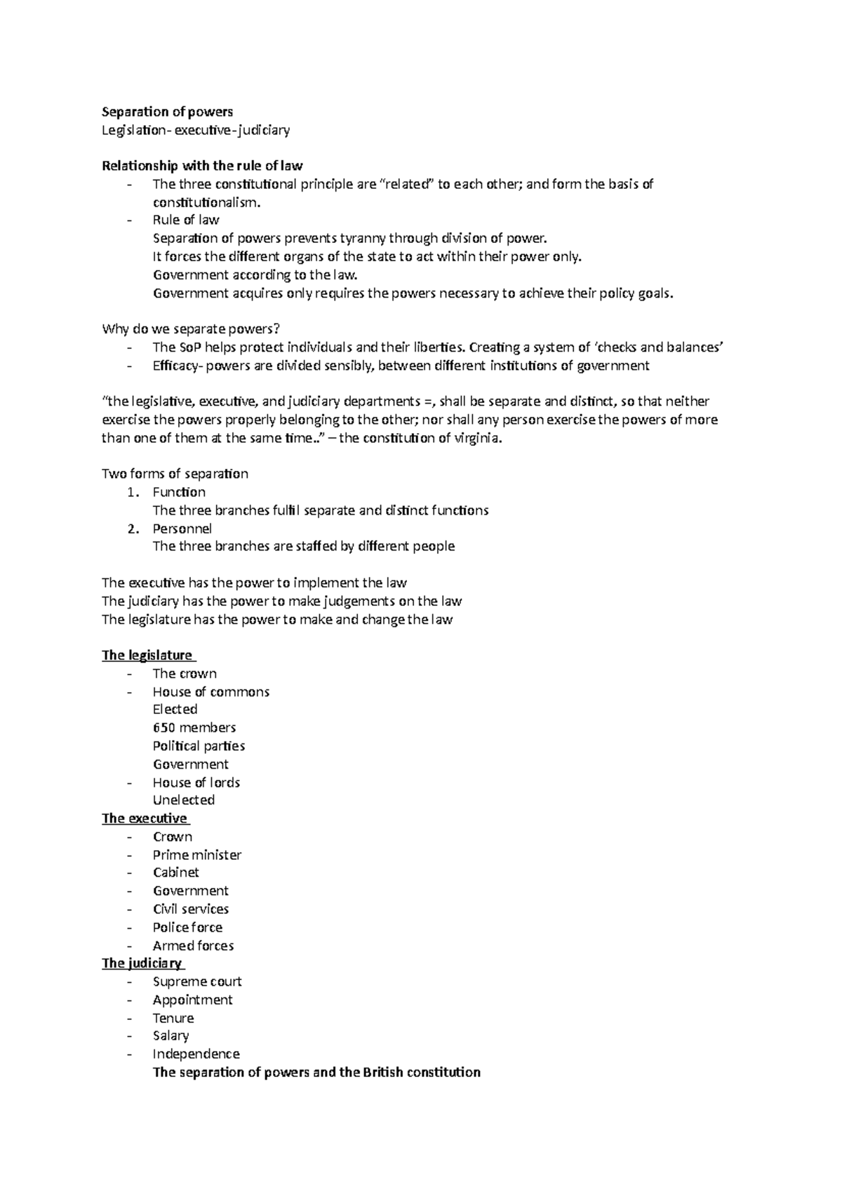 Public law (seperation of powers) - Separation of powers Legislation ...