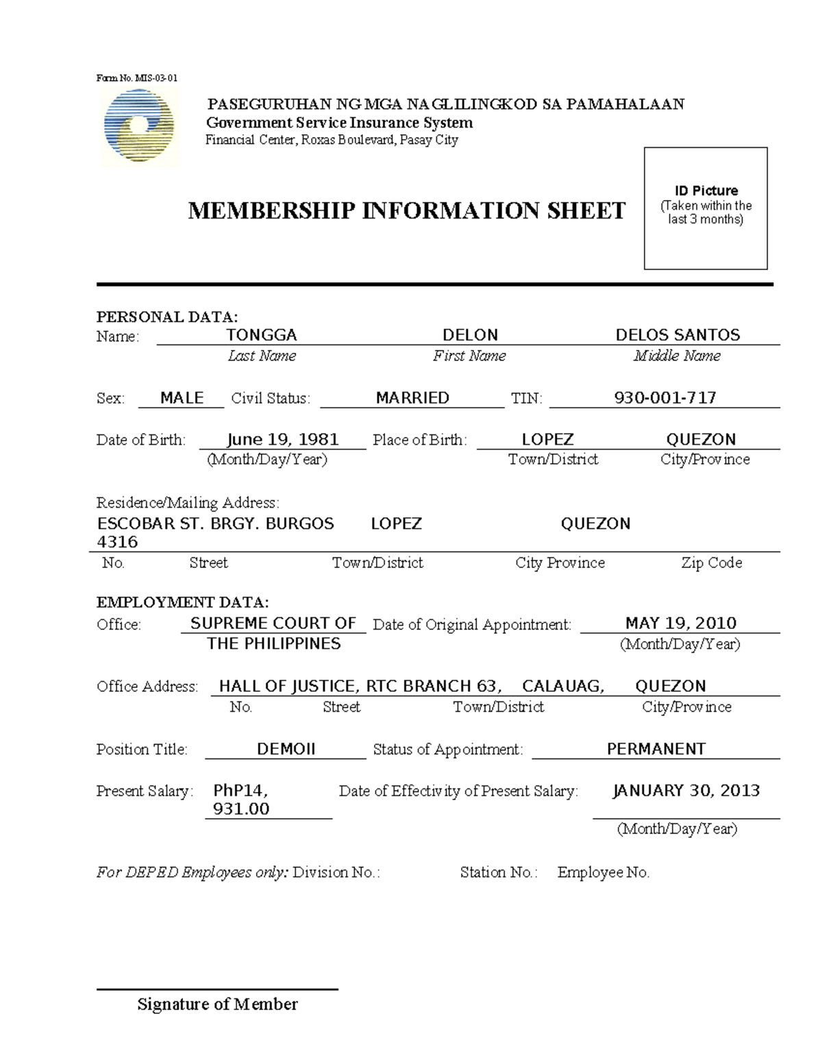 GSIS membership form editable - Form No. MIS-03- PASEGURUHAN NG MGA ...