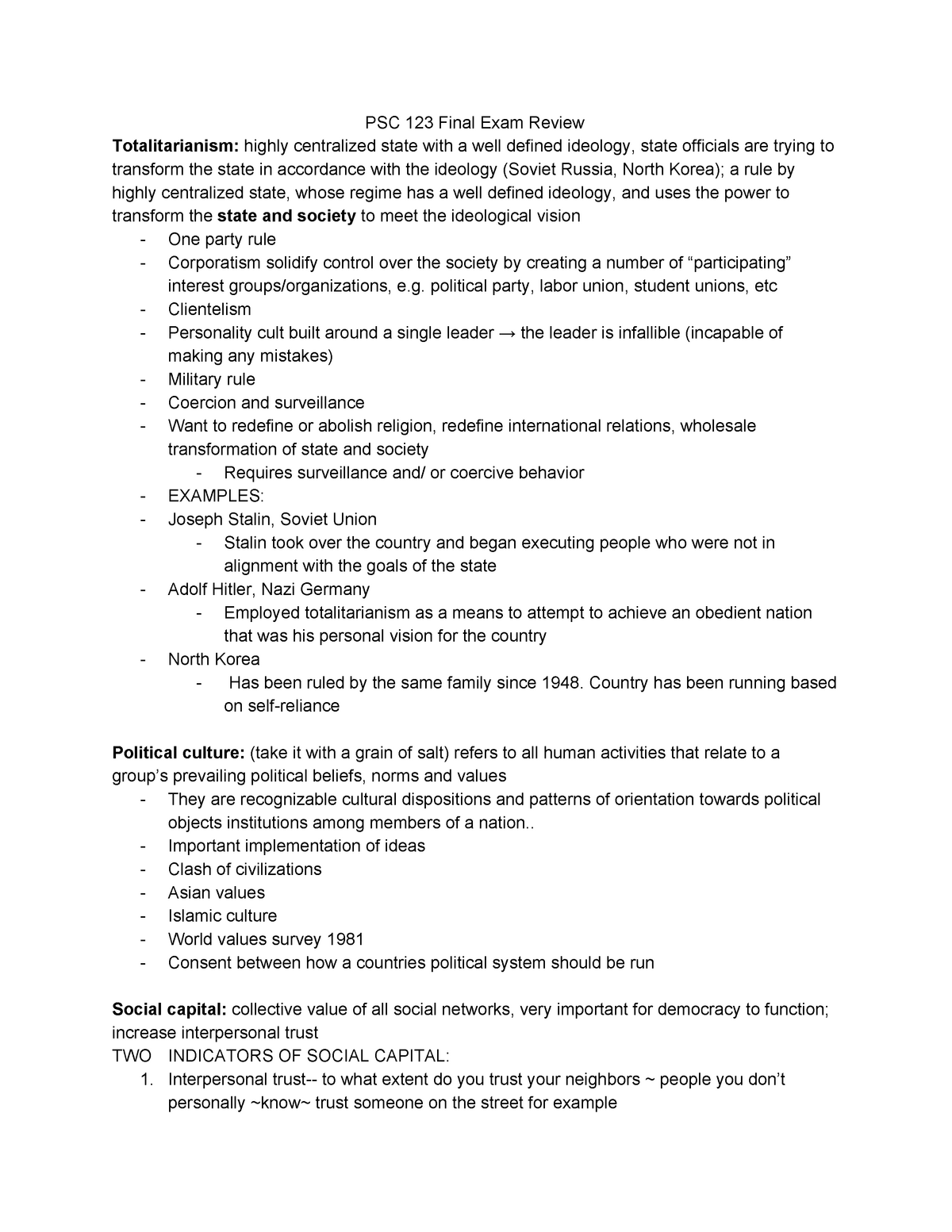 PSC 123 Final Exam Review - PSC 123 - Comparative Government and - StuDocu