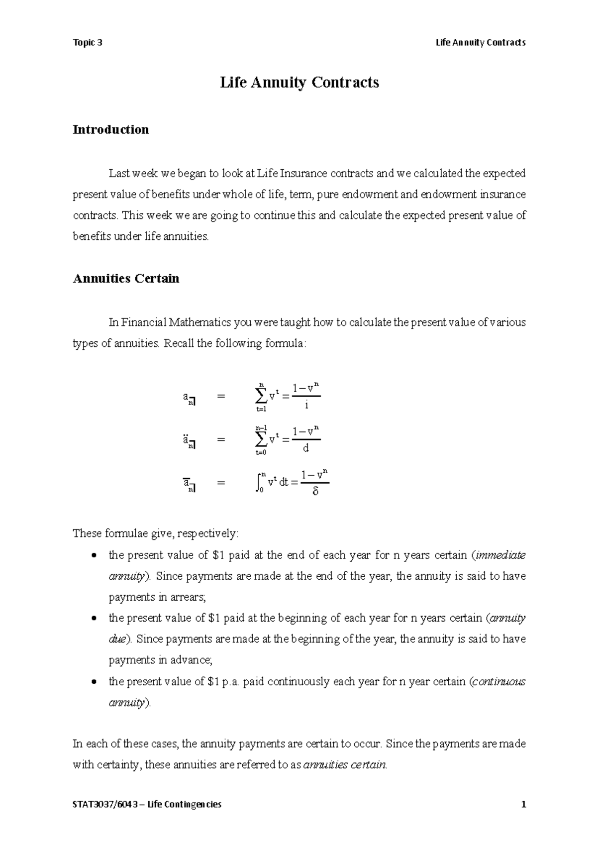 Topic 3 - Life Annuity - Notes provided by lecturer on the course ...