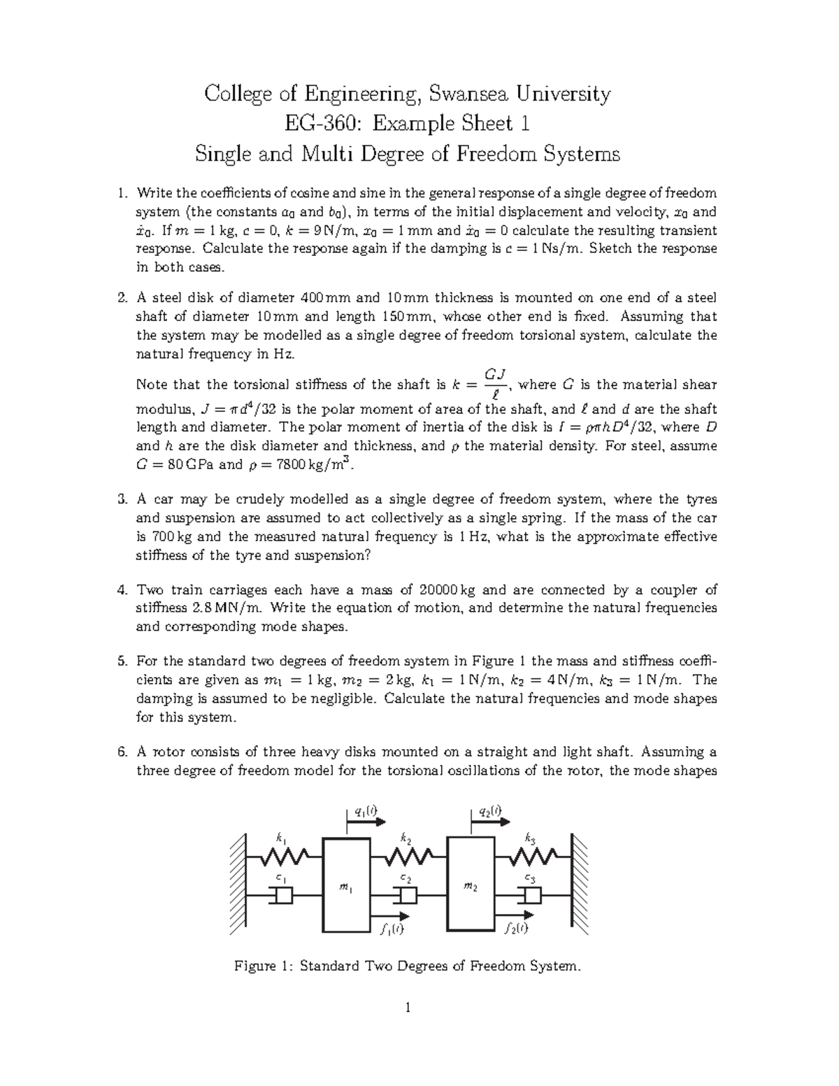 EG360 Example Sheet 1 - College of Engineering, Swansea University EG ...