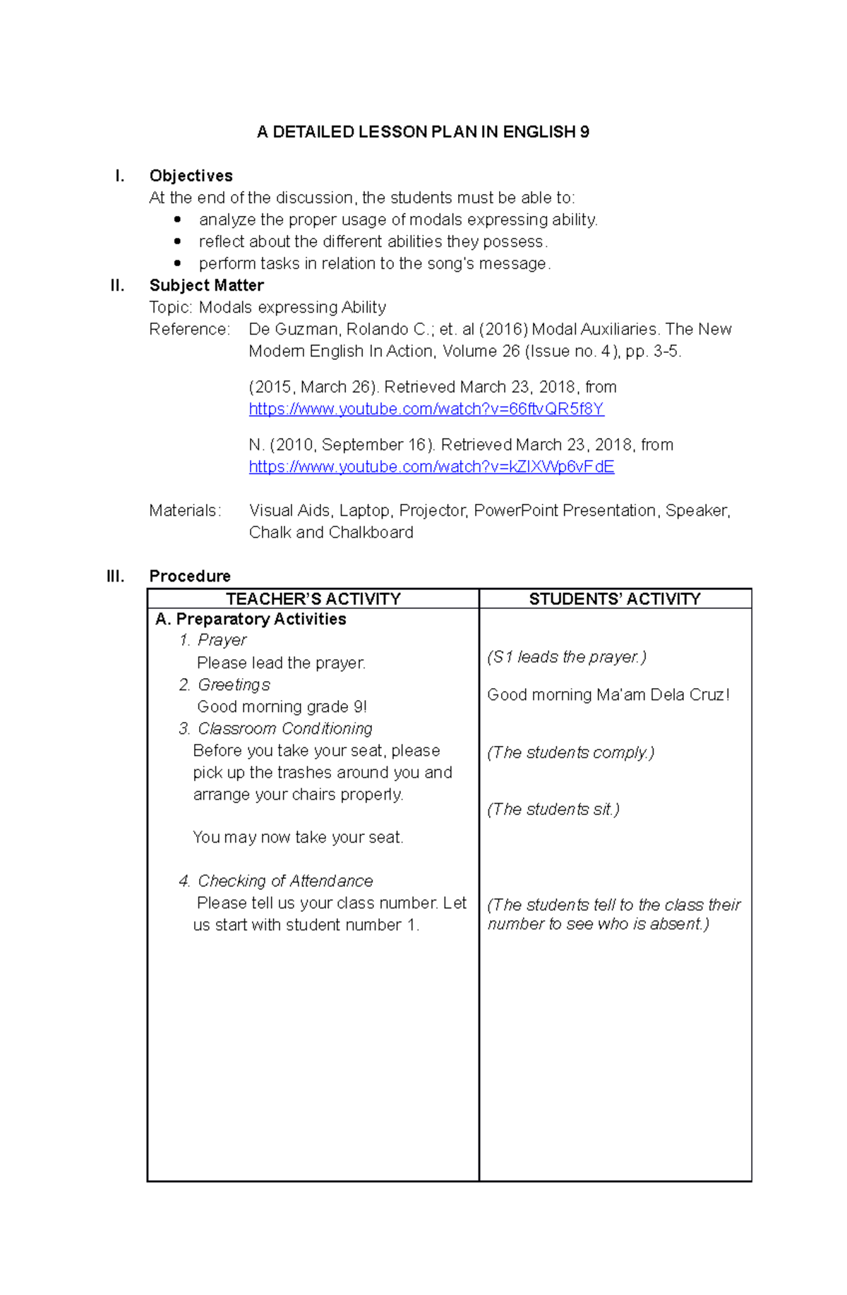 Modals Lesson Plan For English 9 StuDocu