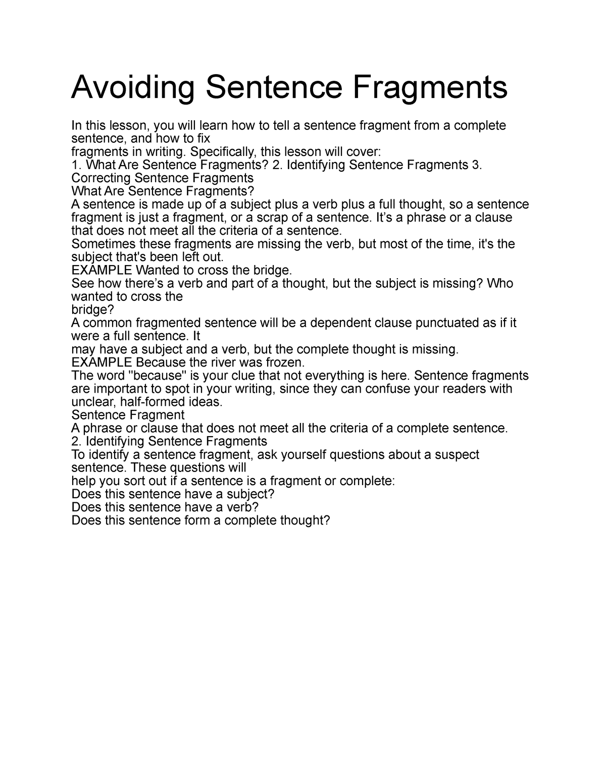 Avoiding Sentence Fragments 2 1 Worksheet Answers