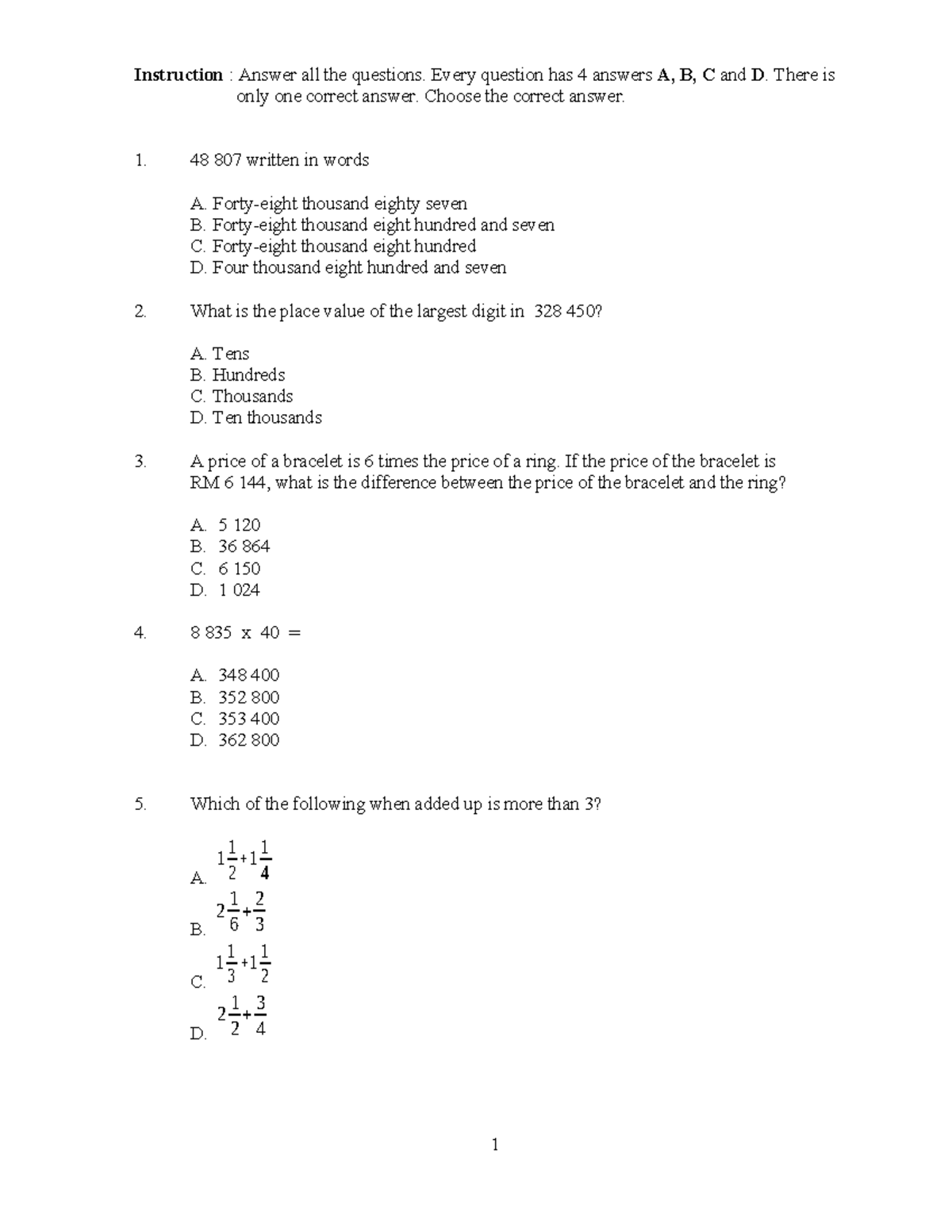 Math paper 1 year 5 - soalan - Instruction : Answer all the questions ...