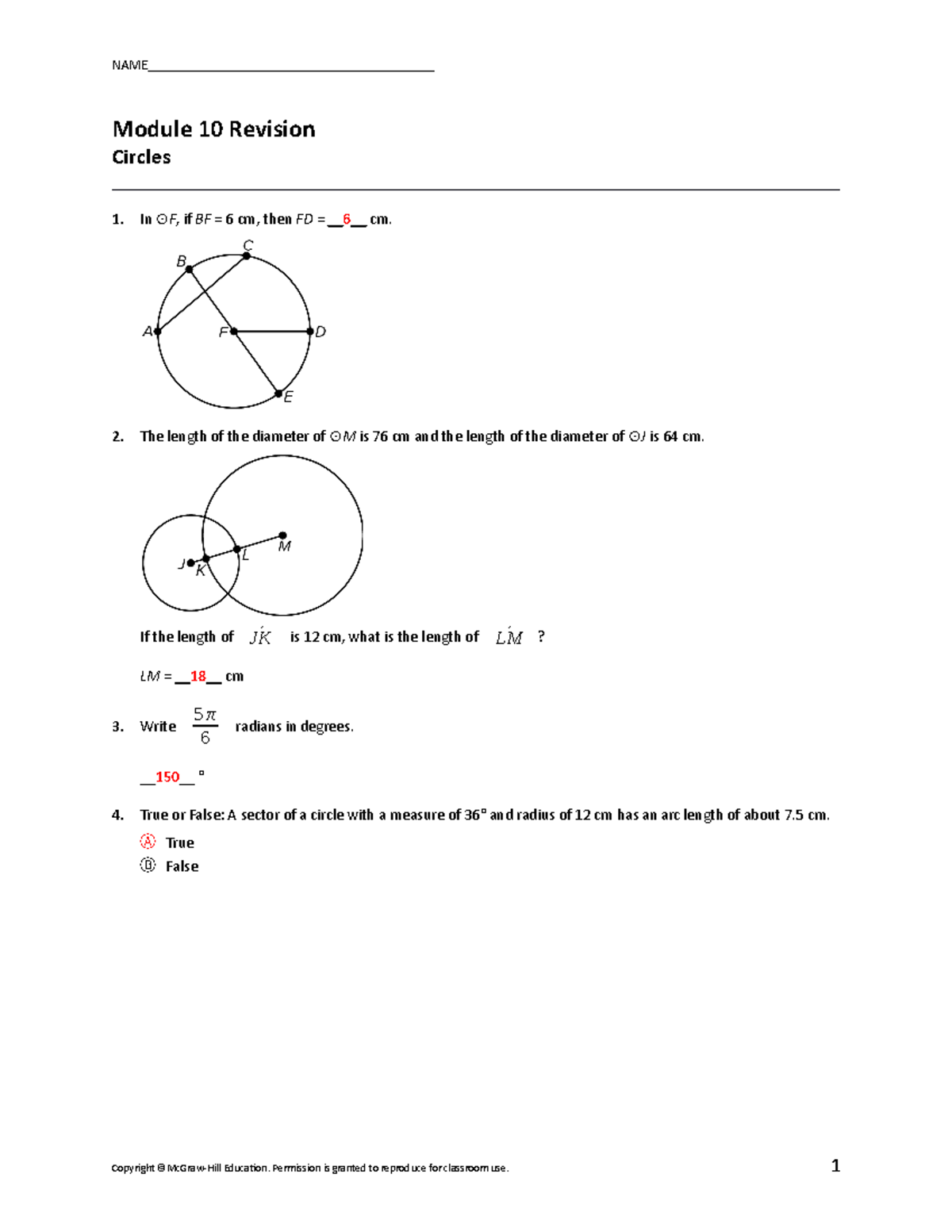 Answers ch10 final .. Module 10 Revision Circles 1. In ⊙ F , if