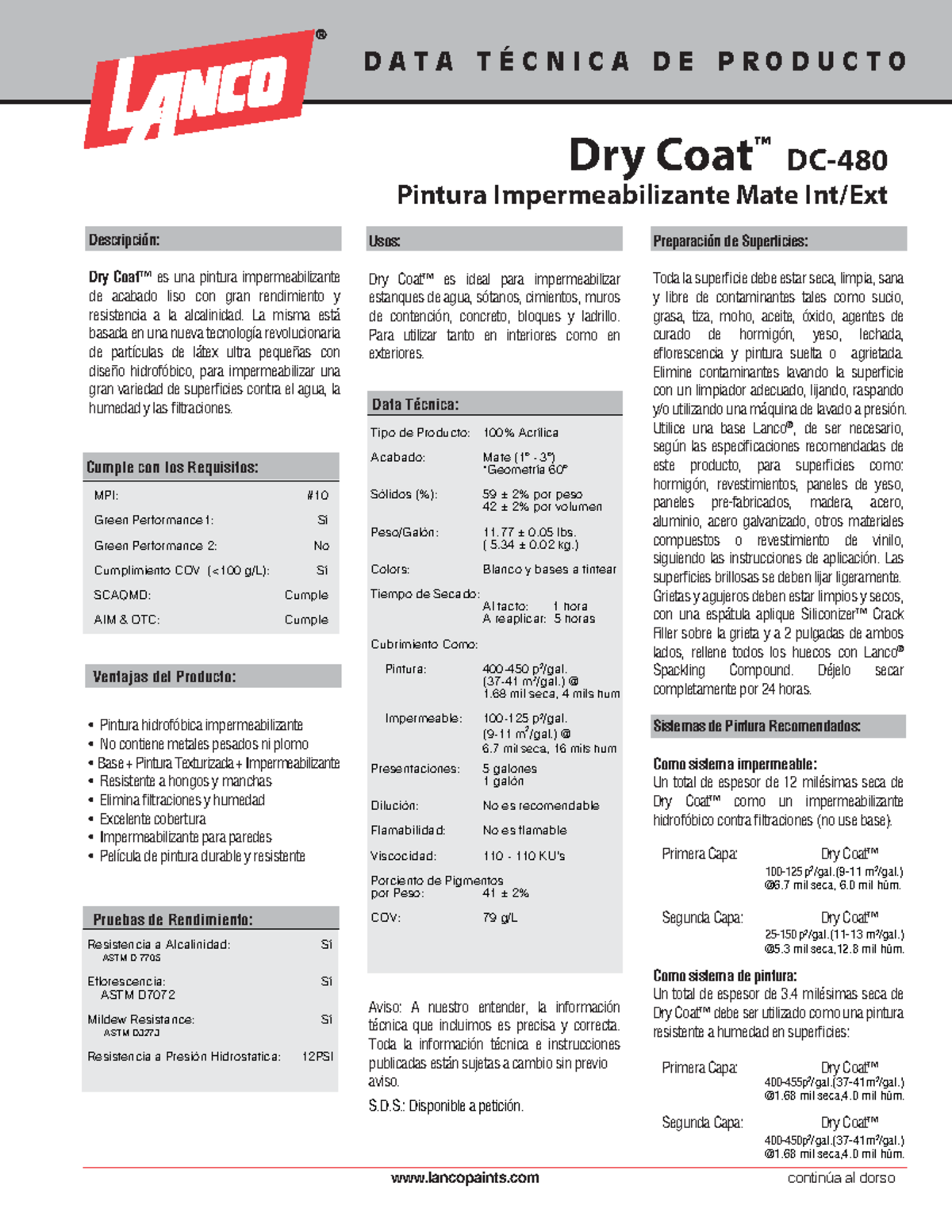 Dry Coat Int Ext Flat DC480 TDS ESP Pintura Impermeabilizante Mate