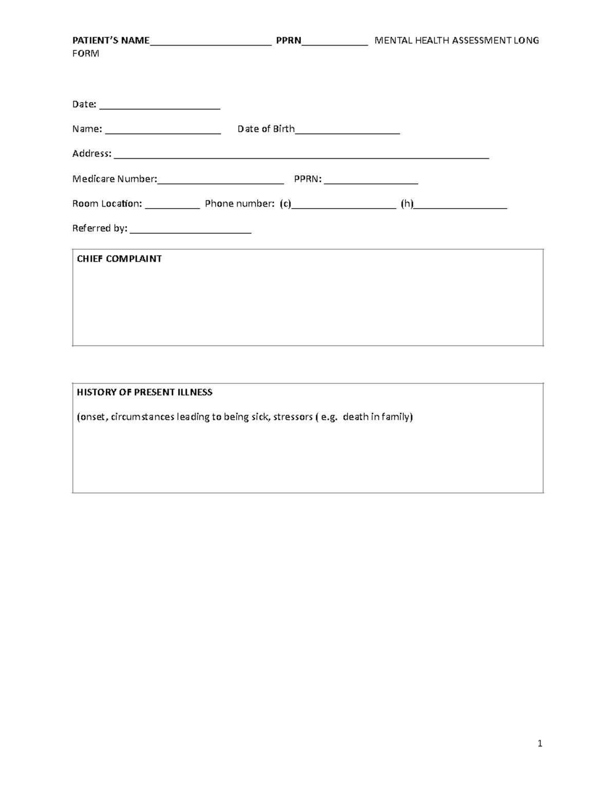 HHN Mental Health Assessment Form FORM Date