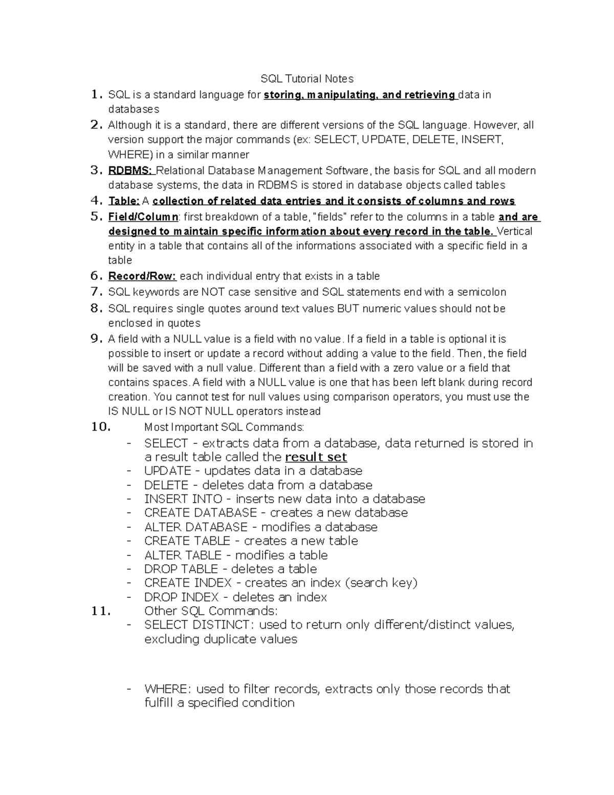 12- SQL Tutorial Notes - SQL Tutorial Notes SQL is a standard language ...