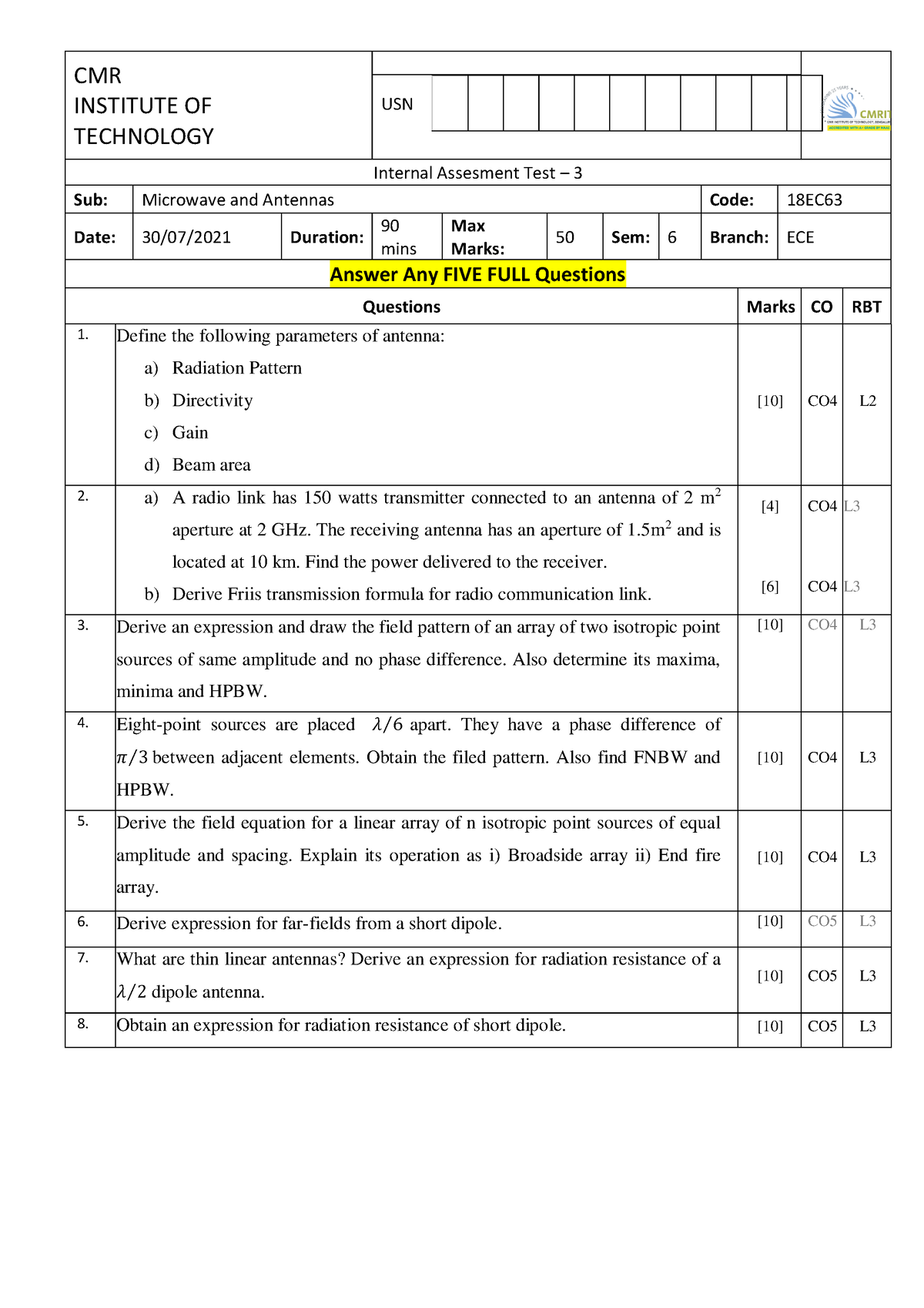 IAT-III Question Paper with Solution of 18EC63 Microwaves And Antennas ...