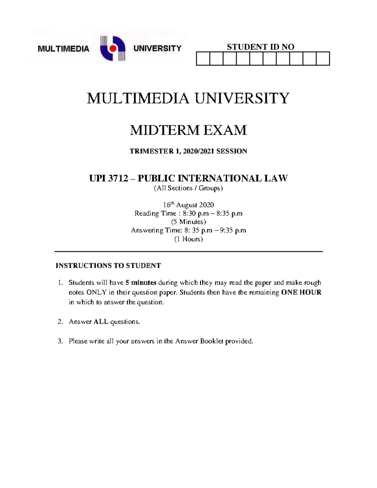 Public International Law Midterm Questions - MULTIMEDIA UNIVERSITY ...