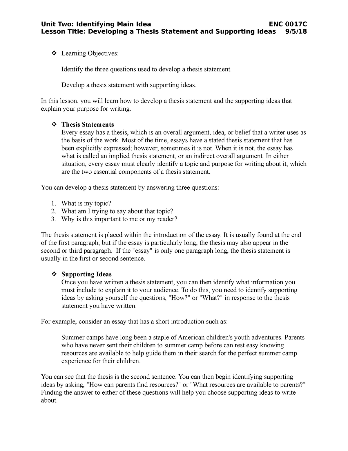 Developing a Thesis Statement and Supporting Ideas - Develop a Throughout Identifying Thesis Statement Worksheet