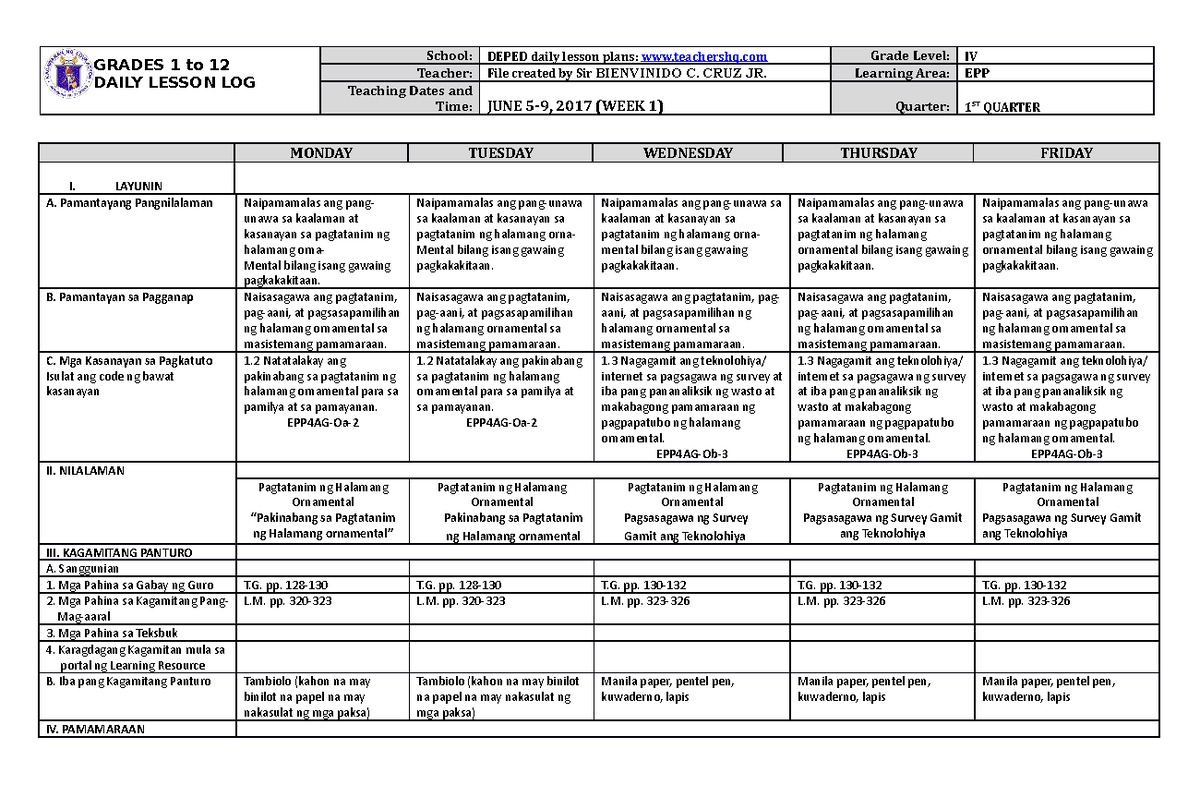 Grade 4 DLL EPP 4 Q1 Week 1 - GRADES 1 to 12 DAILY LESSON LOG School ...