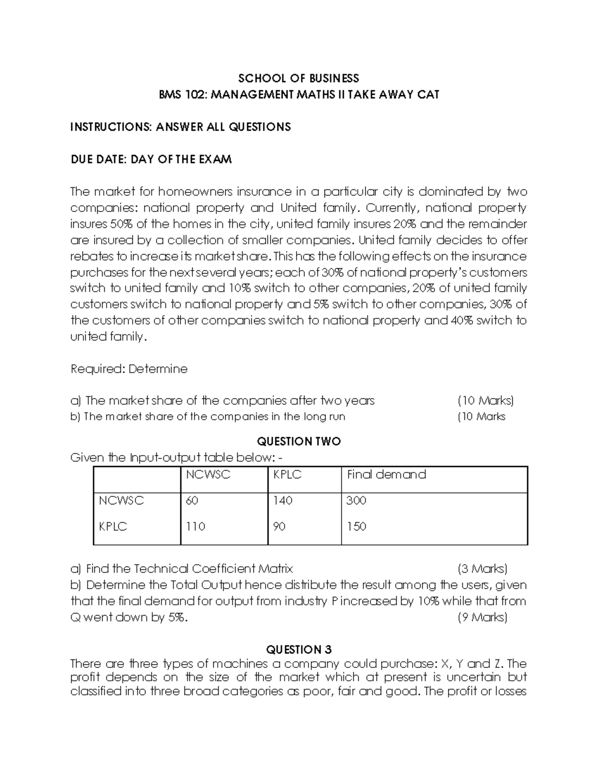 BMS 102 TAKE AWAY CAT SCHOOL OF BUSINESS BMS 102 MANAGEMENT MATHS II TAKE AWAY CAT