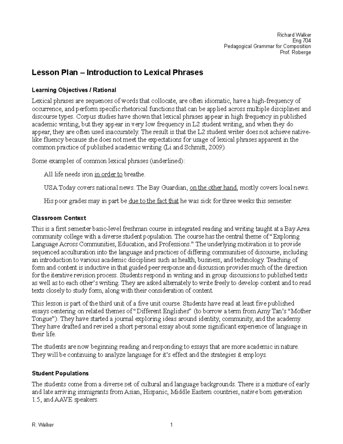 Lesson plan lexical phrases - Richard Walker Eng 704 Pedagogical ...